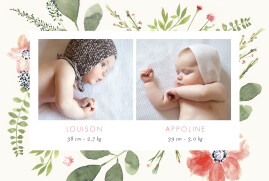 Faire-part de naissance Fleurs aquarelle photo jumeaux crème Faire-part de naissance Fleurs aquarelle photo jumeaux crème