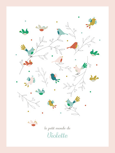 Affichette Oiseaux multicolores rose - Recto