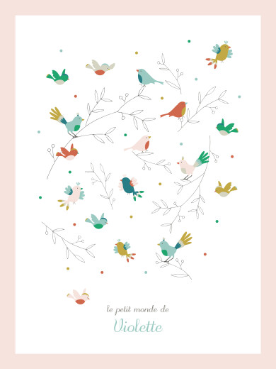 Affichette Oiseaux multicolores rose - Vue 2