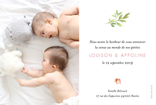 Faire-part de naissance Fleurs aquarelle photo jumeaux crème - Page 2