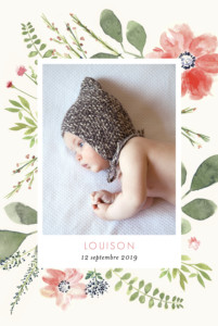 Faire-part de naissance Fleurs aquarelle 2 photos rv crème Faire-part de naissance Fleurs aquarelle 2 photos rv crème