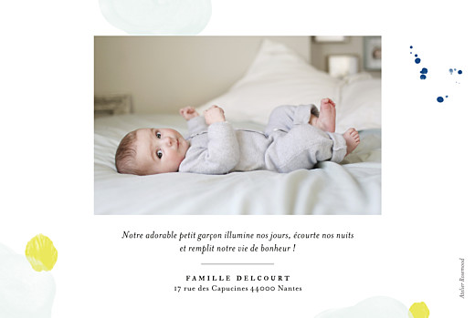 Faire-part de naissance Bulles d'aquarelle photo RV bleu-jaune - Verso Faire-part de naissance Bulles d'aquarelle photo RV bleu-jaune - Verso