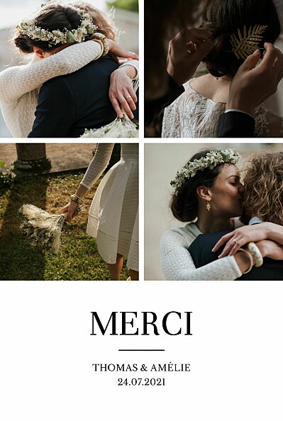 Carte de remerciement mariage Élégant 4 photos blanc finition