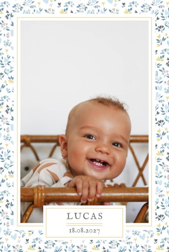 Faire-part de naissance Liberty coeur photo portrait bleu - Recto Faire-part de naissance Liberty coeur photo portrait bleu - Recto
