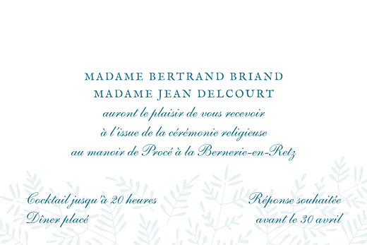 Carton d'invitation mariage Mille fougères bleu - Verso