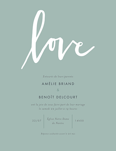 Faire-part de mariage Lettres d'amour portrait vert finition Faire-part de mariage Lettres d'amour portrait vert finition