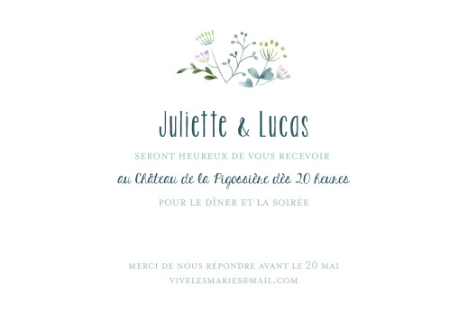 Carton d'invitation mariage Bouquet sauvage bleu - Recto Carton d'invitation mariage Bouquet sauvage bleu - Recto