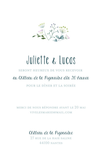 Carton d'invitation mariage Bouquet sauvage (portrait) bleu - Recto Carton d'invitation mariage Bouquet sauvage (portrait) bleu - Recto