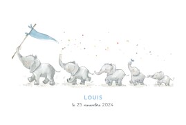 Faire-part de naissance 5 éléphants en famille bleu