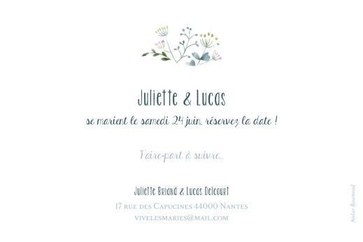 Save the Date Bouquet sauvage bleu - Verso