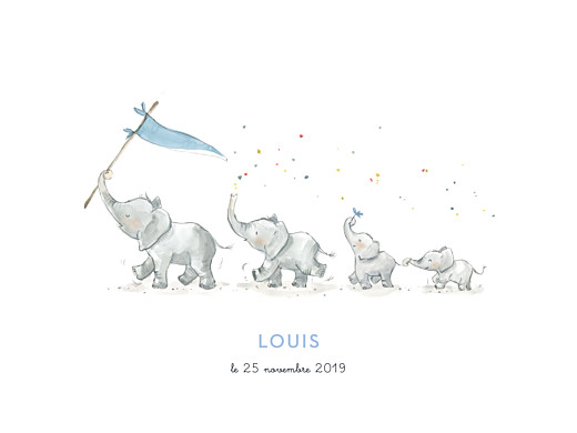 Affichette 4 éléphants en famille bleu - Recto