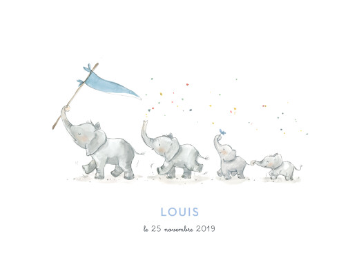 Affichette 4 éléphants en famille bleu - Vue 2