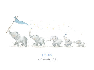 Affichette 5 éléphants en famille bleu