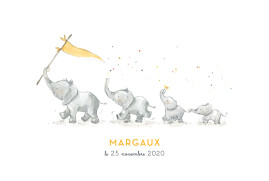 Faire-part de naissance 4 éléphants en famille RV jaune