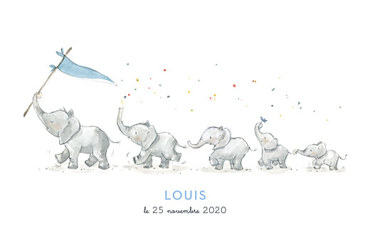Faire-part de naissance 5 éléphants en famille rv bleu - Page 1
