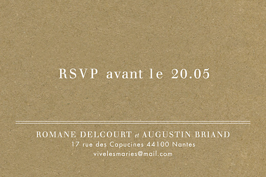 Carton d'invitation mariage L'essentiel kraft & bleu-violet - Verso Carton d'invitation mariage L'essentiel kraft & bleu-violet - Verso