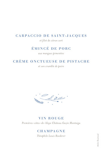 Menu de baptême Élégant feuillage bleu - Verso Menu de baptême Élégant feuillage bleu - Verso