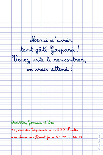 Carte de remerciement Petit écolier blanc - Verso Carte de remerciement Petit écolier blanc - Verso