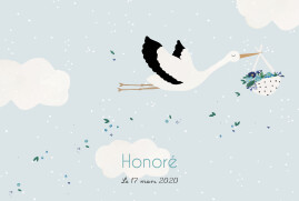 Faire-part de naissance Cigogne paysage bleu
