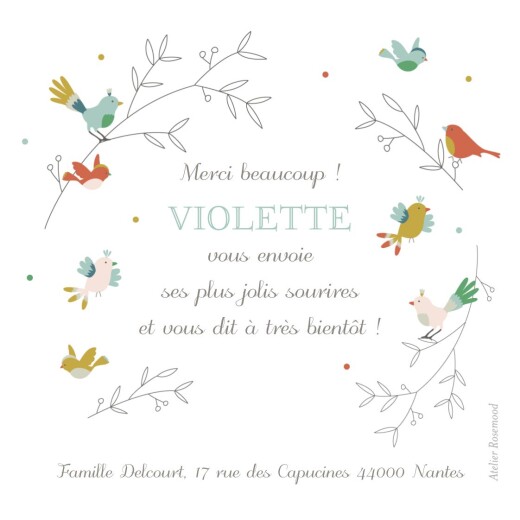 Carte de remerciement Petits oiseaux multicolores rose - Verso