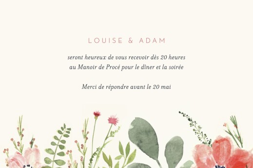 Carton d'invitation mariage Fleurs aquarelle crème - Recto