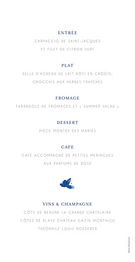 Menu de mariage Jardin anglais RV bleu - Verso Menu de mariage Jardin anglais RV bleu - Verso