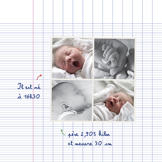 Faire-part de naissance Cahier d'écolier 4 pages blanc Faire-part de naissance Cahier d'écolier 4 pages blanc