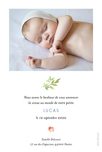 Faire-part de naissance Fleurs aquarelle portrait bleu Faire-part de naissance Fleurs aquarelle portrait bleu