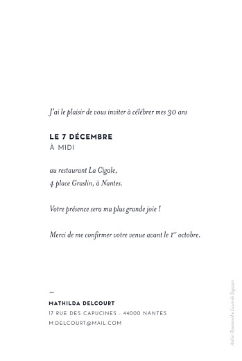 Carte d'invitation anniversaire adulte Laure de Sagazan (dorure) blanc - Verso Carte d'invitation anniversaire adulte Laure de Sagazan (dorure) blanc - Verso