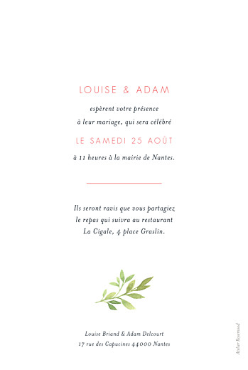 Faire-part de mariage Fleurs aquarelle herbier rose - Verso Faire-part de mariage Fleurs aquarelle herbier rose - Verso