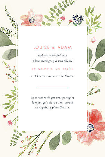 Faire-part de mariage Fleurs aquarelle portrait crème - Page 1