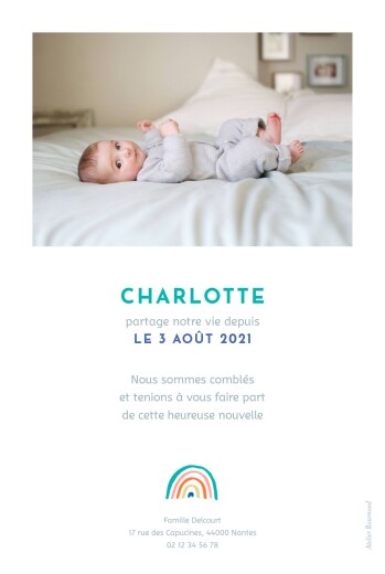 Faire-part de naissance Arc-en-ciel (portrait) bleu - Verso Faire-part de naissance Arc-en-ciel (portrait) bleu - Verso