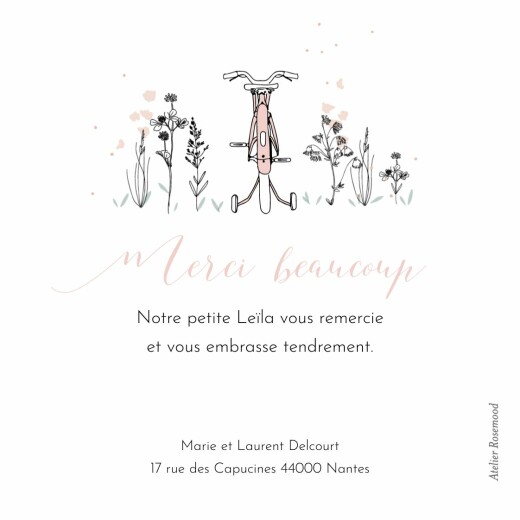 Carte de remerciement Petit vélo en balade rose - Recto Carte de remerciement Petit vélo en balade rose - Recto