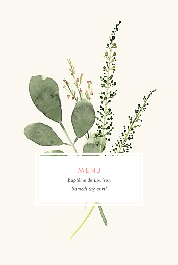 Menu de baptême Fleurs aquarelle crème - Recto Menu de baptême Fleurs aquarelle crème - Recto
