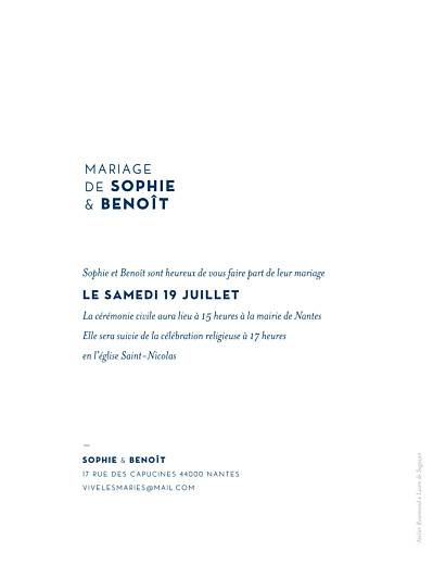 Faire-part de mariage Laure de Sagazan bleu - Verso Faire-part de mariage Laure de Sagazan bleu - Verso