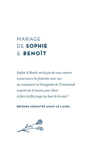 Carton d'invitation mariage Laure de Sagazan bleu marine - Verso Carton d'invitation mariage Laure de Sagazan bleu marine - Verso