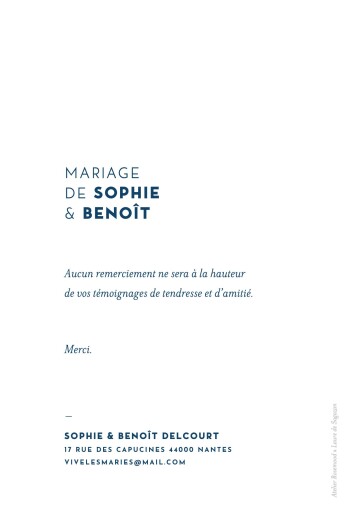 Carte de remerciement mariage Laure de Sagazan bleu marine - Verso Carte de remerciement mariage Laure de Sagazan bleu marine - Verso