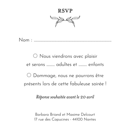 Carton réponse mariage Psyché vert - Verso Carton réponse mariage Psyché vert - Verso