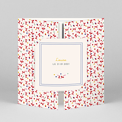 Faire-part de naissance motifs liberty baies (fenêtre) rouge Faire-part de naissance motifs liberty baies (fenêtre) rouge