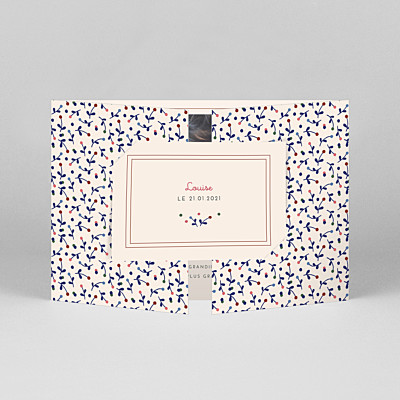 Faire-part de naissance motifs liberty baies (fenêtre paysage) bleu Faire-part de naissance motifs liberty baies (fenêtre paysage) bleu