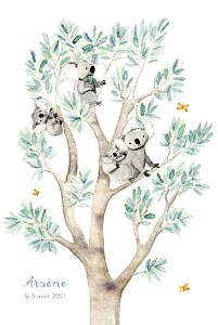 Faire-part de naissance original 4 koalas en famille blanc Faire-part de naissance original 4 koalas en famille blanc