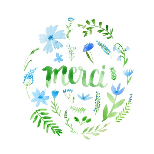 Carte de remerciement Alphabet fleuri bleu - Recto