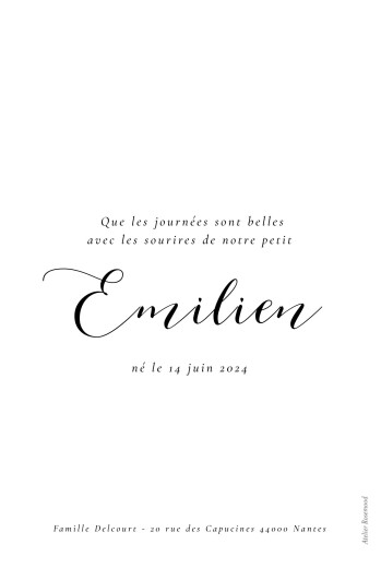 Faire-part de naissance Calligraphie (portrait) blanc - Verso Faire-part de naissance Calligraphie (portrait) blanc - Verso