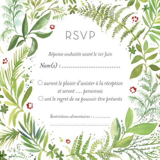 Carton réponse mariage Murmure de forêt vert - Recto Carton réponse mariage Murmure de forêt vert - Recto