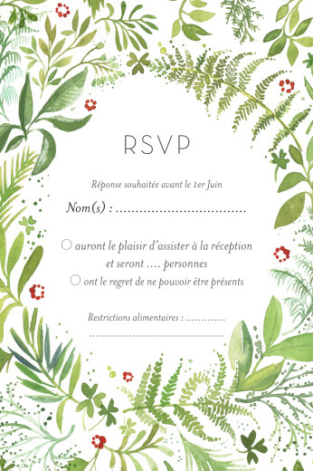 Carton réponse mariage Murmure de forêt (portrait) vert - Recto Carton réponse mariage Murmure de forêt (portrait) vert - Recto
