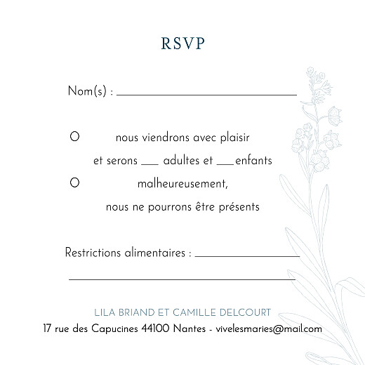 Carton réponse mariage Botanique bleu - Verso Carton réponse mariage Botanique bleu - Verso