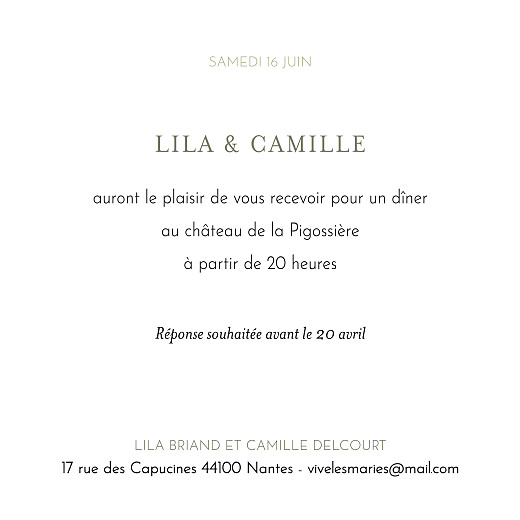 Carton d'invitation mariage Botanique vert - Verso Carton d'invitation mariage Botanique vert - Verso