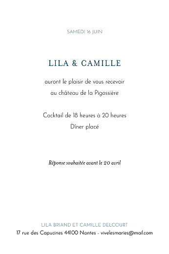 Carton d'invitation mariage Botanique (portrait) bleu - Verso Carton d'invitation mariage Botanique (portrait) bleu - Verso