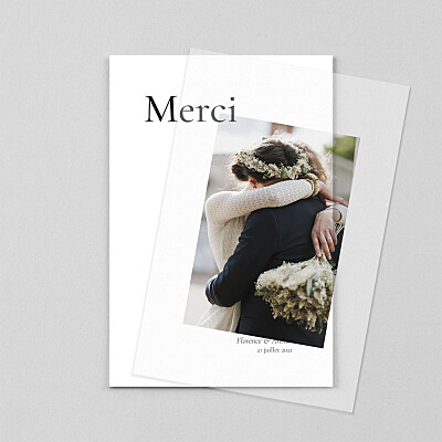 Carte de remerciement mariage avec photo sobre petit portrait (calque) blanc Carte de remerciement mariage avec photo sobre petit portrait (calque) blanc