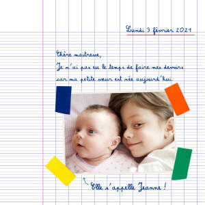 Faire-part de naissance Cahier d'écolier 2 photos blanc Faire-part de naissance Cahier d'écolier 2 photos blanc